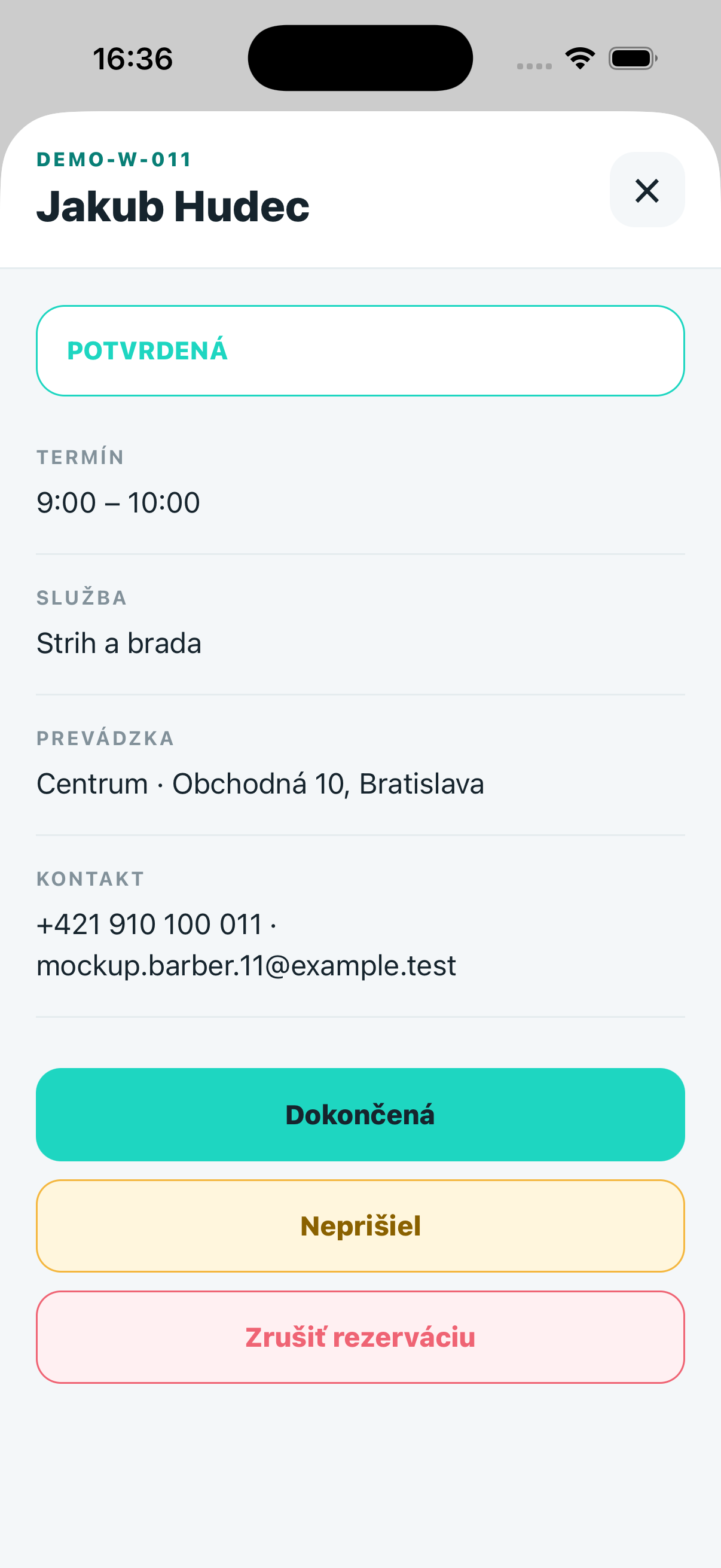 Detail rezervácie v aplikácii BookIN Obsluha s demo údajmi