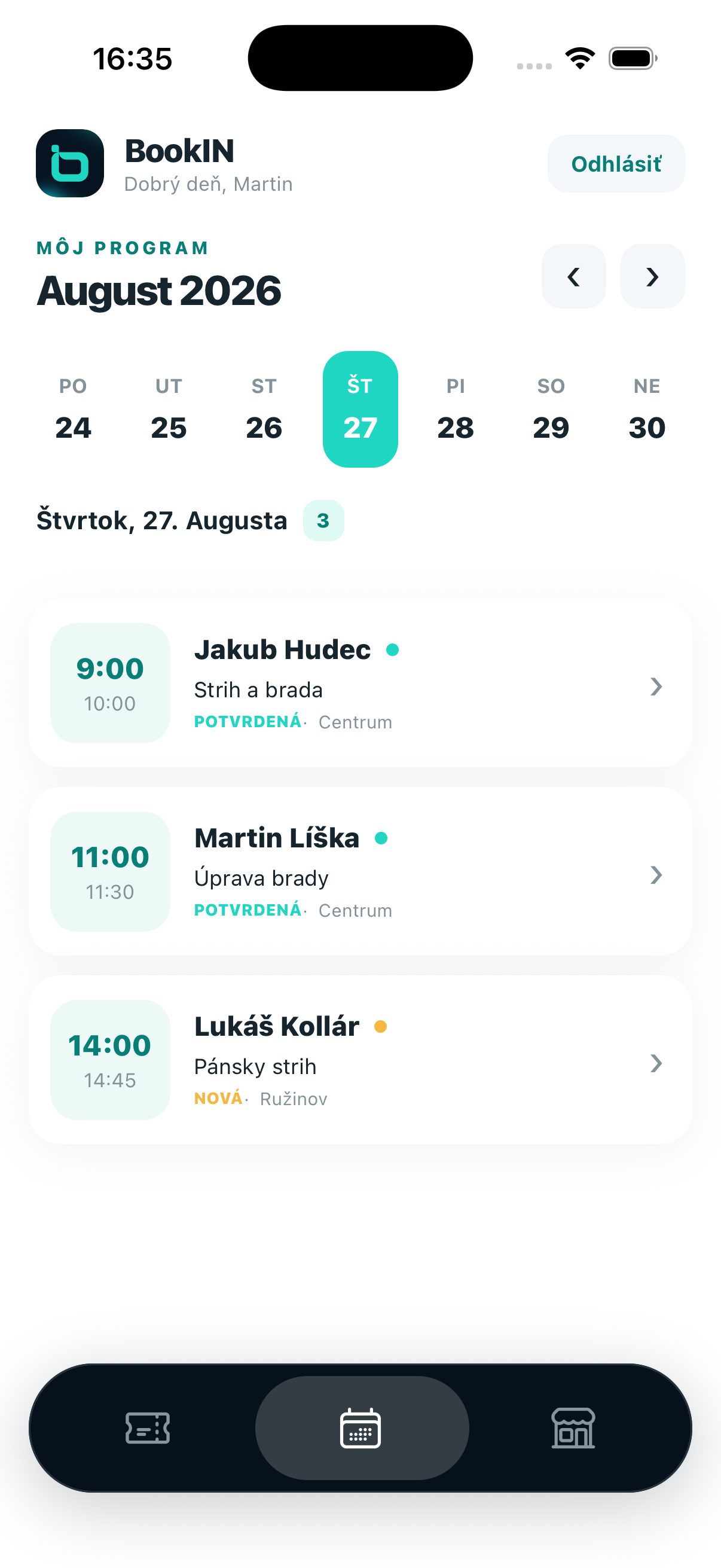 Denný kalendár v aplikácii BookIN Obsluha s demo údajmi